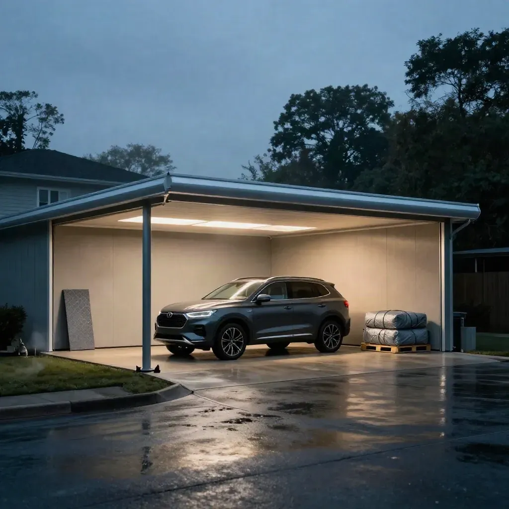 Hliníkový carport se SUV pod střechou, bočním panelem a doplňky na paletě.