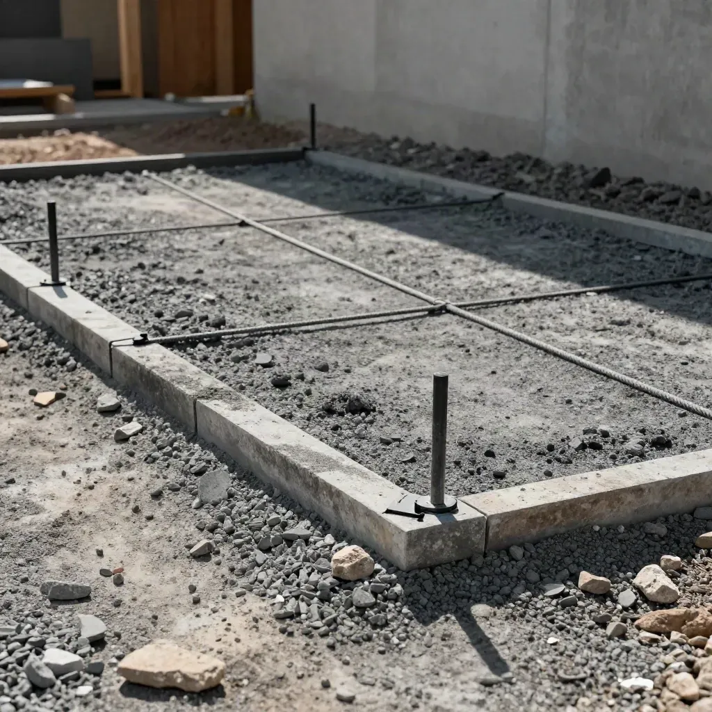 Vymezený půdorys carportu s kolíky, šňůrami a štěrkem v přesné mřížce.