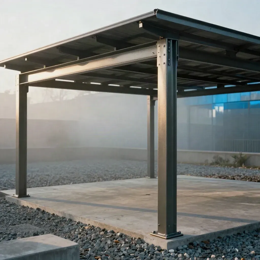 Ocelový carport u štěrku a betonových bloků v chladné mlze, s detaily nosníků.