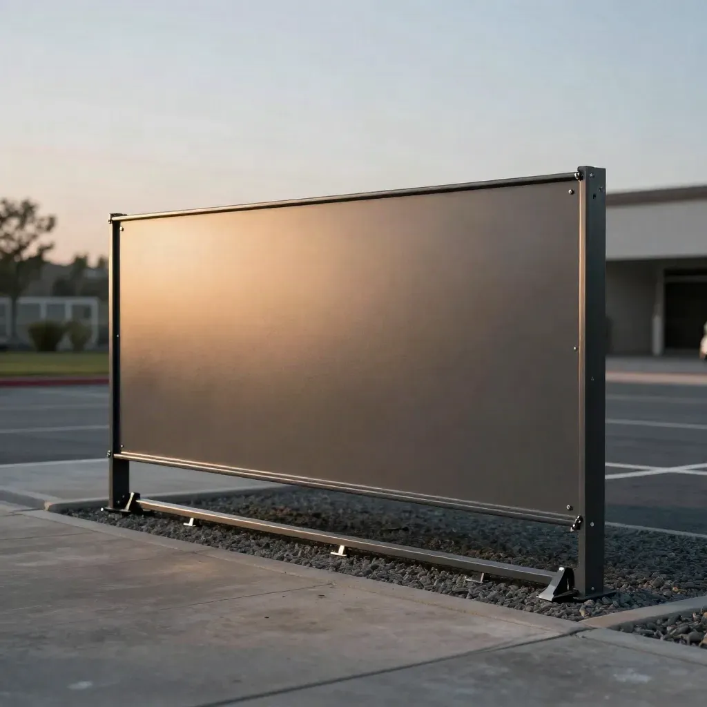 Matný zadní panel carportu 3 m nad štěrkovým parkovacím místem v šeru.