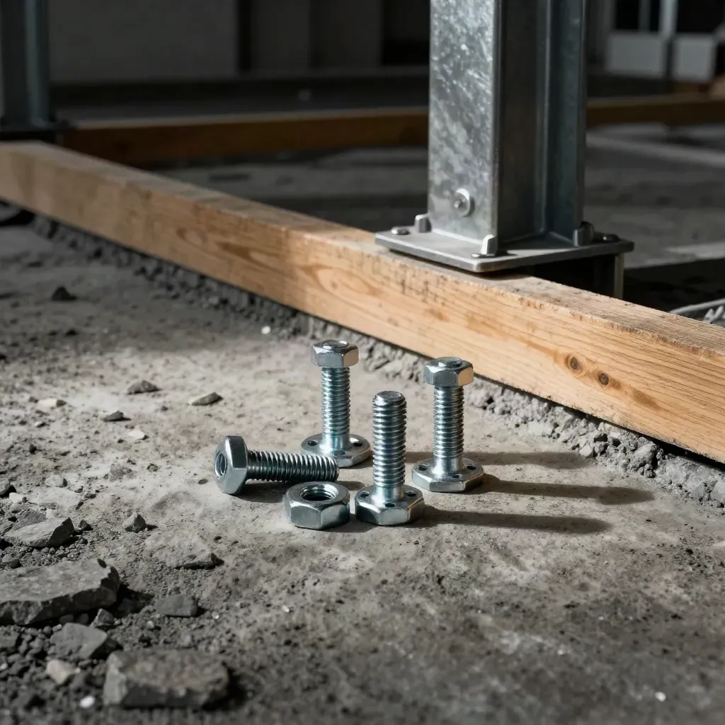 Kotevní sada do betonu s ocelovými šrouby, podložkami a patkami na betonové základně.