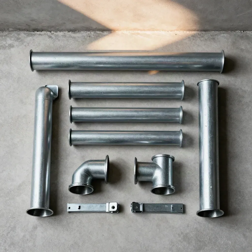 Přesný overhead flatlay žlabů, svodů, kolen a spojek na světlém betonu.