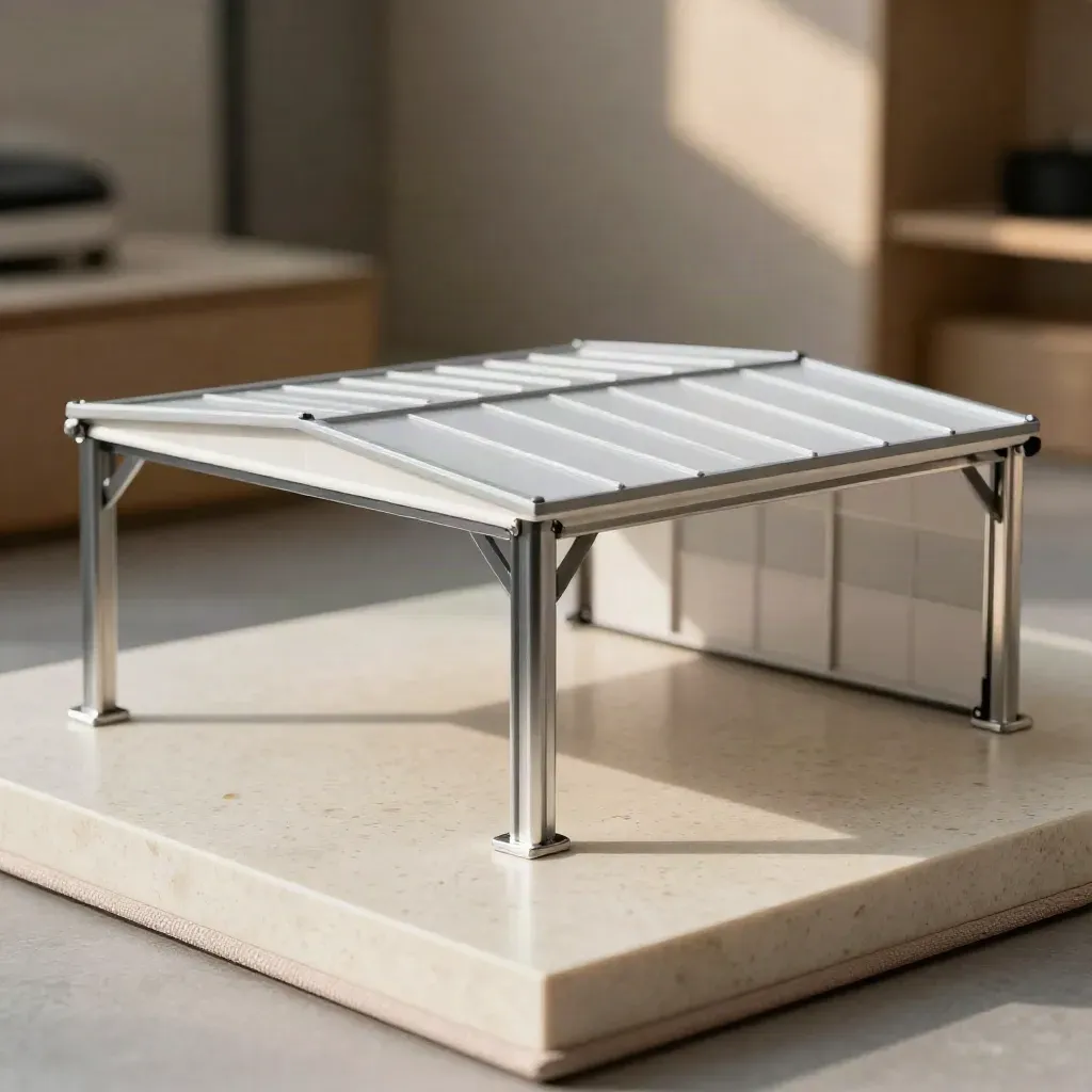 Miniatura dvojgarážového carportu na světlém podstavci s dvěma krytými moduly.