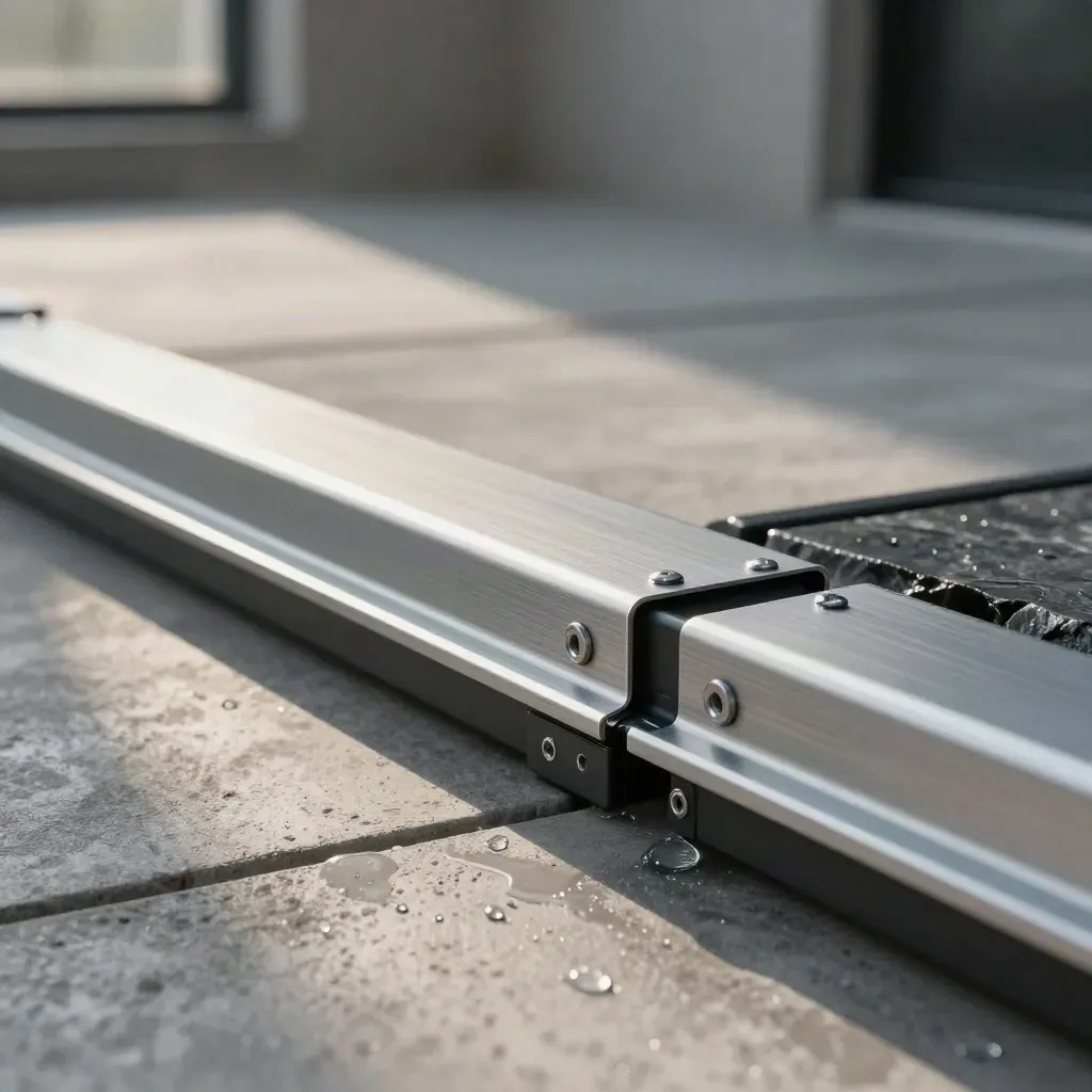Makro servisních spojů a panelů hotového carportu na mokrém dvoře po dešti.