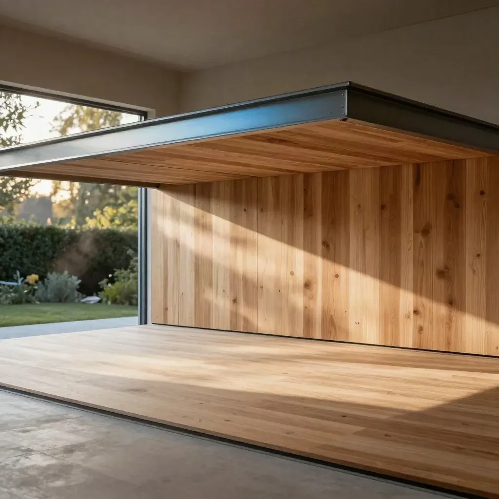 Jasný dřevěný interiér dílny s horní hranou carportu a rozmazanou zahradou v pozadí.